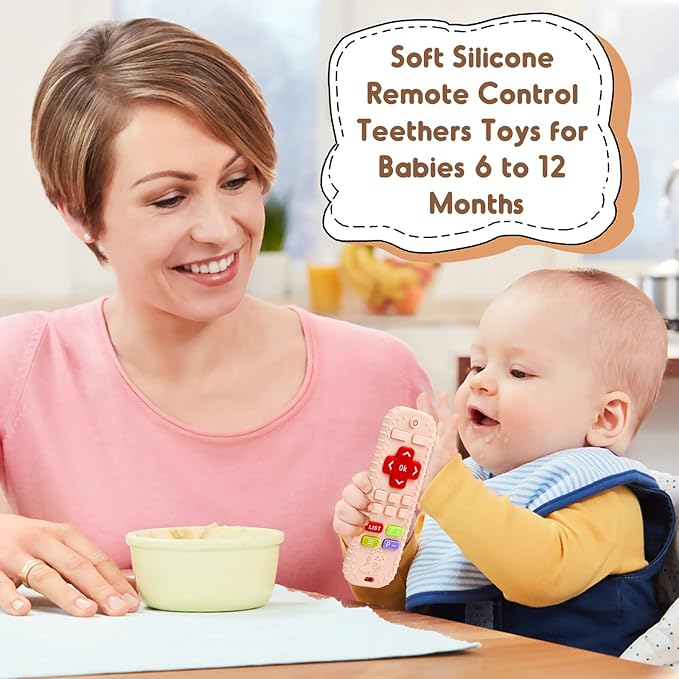 Teething Relief Teethers Toys for Babies 3-6 12 Months Gifts, Food Grade Silicone Sensory Remote Control Baby Teether Bath Toys for 3 9 18 Months Newborn Infant Boy Girl Autism, Pink