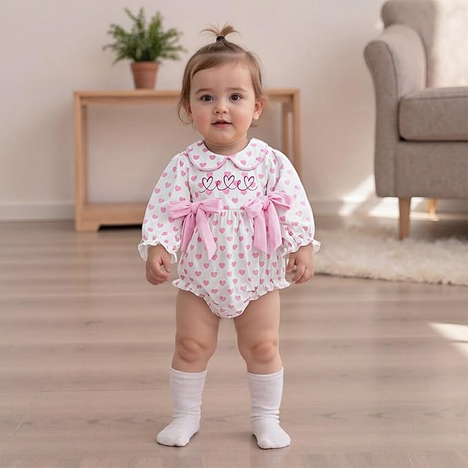 WASAIGOOD Newborn Baby Girl Valentines Romper Infant Doll Neck Bubble Sleeve Bodysuit Heart Outfit Baby Valentines Day Onesie