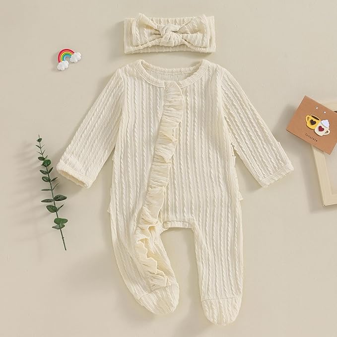 Newborn Baby Girl Fall Winter Outfits Clothes Knit Jumpsuit Ruffle Romper Newborn Coming Home Outfit for Baby Girl
