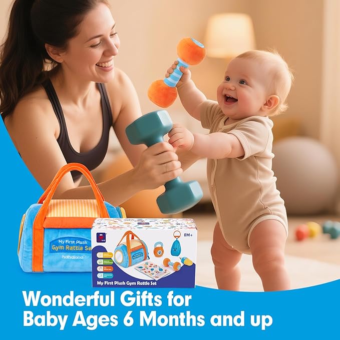hahaland Baby Toys 6-12 Months - Baby Toys 3-6 Months Montessori Toy for 6 Month Old, Sensory Toy for Babies Workout Weights Dumbbell Toy Set with Soft Rattles Mirror, Christmas Baby Gifts