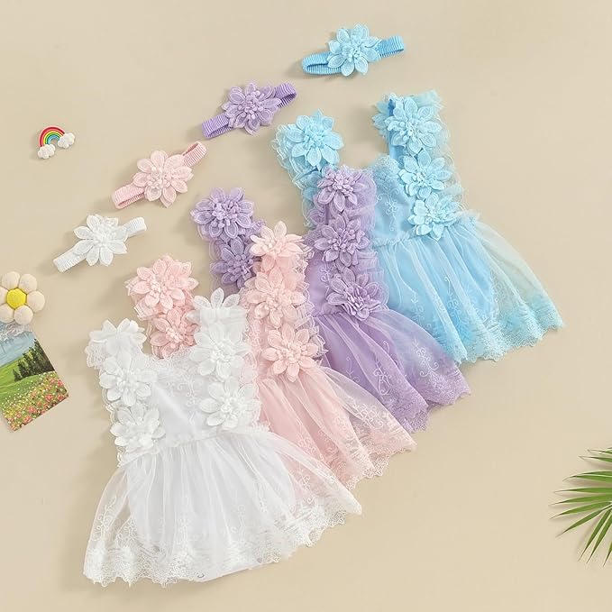 Infant Baby Girl Lace Romper Baby Tulle Dress Romper Flowers Bodysuit Spring Summer Festival Clothes with Headband