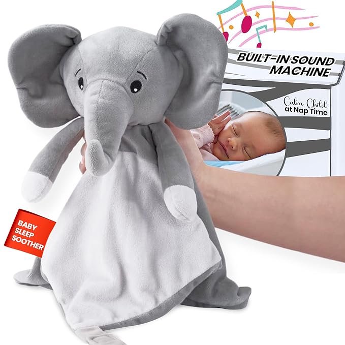 Love By Emi Baby Sleep Soother Grey Elephant Plush with Heartbeat & Lullaby Sounds, 4-in-1 Sound Machine, Security Blanket & Pacifier Holder, Baby Registry Essential for Newborns & Infants