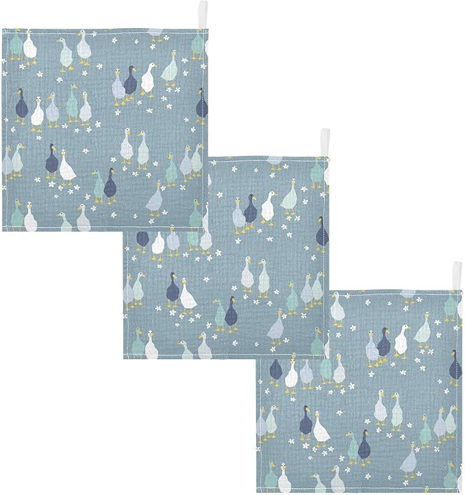 Vvfelixl Baby Washcloths Cotton Funny Gooses Muslin Soft Face Towel for Newborn Infants, 11.8 X 11.8 Inch, 3 Pack Blue