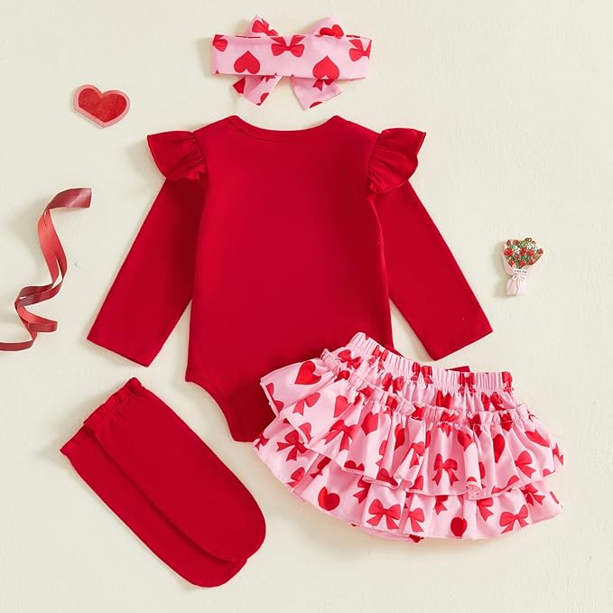 My First Valentines Baby Girl Outfit Newborn Long Sleeve Romper Skirt 4Pcs Set Valentines Baby Winter Spring Clothes