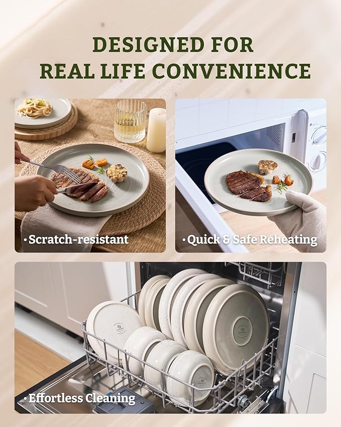 Famiware Meteor Plates and Bowls Sets, 18-Piece Stoneware Dinnerware Sets, Dishes Set for 6, Microwave and Dishwasher Safe Tableware, Matcha Green