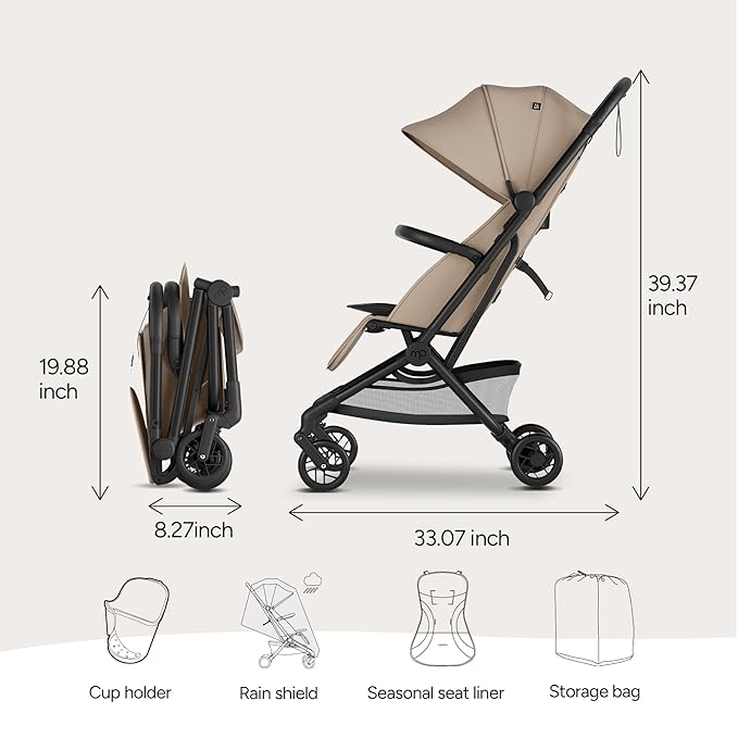 Mompush Velo Lightweight Travel Stroller, Compact & Airplane-Friendly for Baby and Toddler, Lie-Flat Seat, One-Hand Fold, with Leather Bumper Bar, Shoulder Strap, Raincover, Storage Bag & Cup Holder