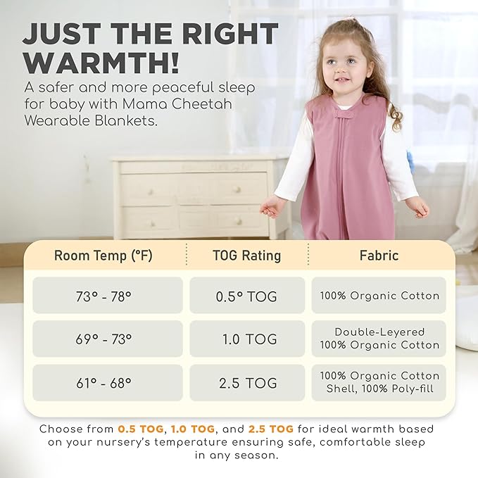Mama Cheetah Toddler Sleep Sack with Feet, 0.5 TOG Organic Cotton Baby Sleeping Bag with Legs, Baby Wearable Blankets for Walkers w/ 2-Way Zipper, Baby Sleep Sack for Girls & Boys, Large Walker 3-4 T