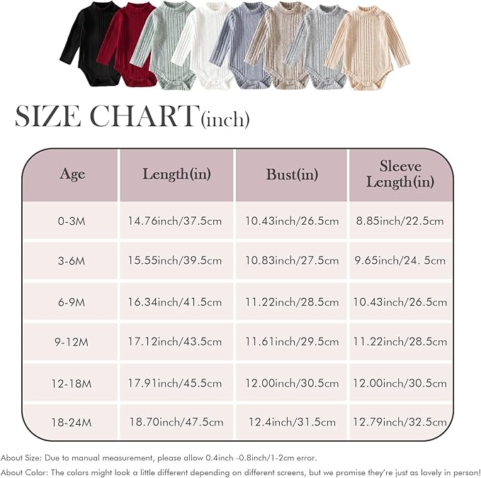 DEFAHN Baby Turtleneck Bodysuit Long Sleeve Boy Girl Ribbed Knit Jumpsuit Outfit 2 Pack Baby Solid Onsies 0-24 Months