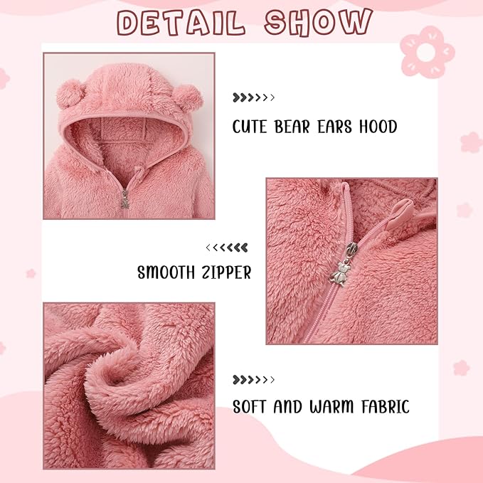 Baby Toddler Boys Girls Fleece Jacket with Hood Zip Up Cute Bear Coats for Infant Boys Girls Fuzzy Jacket with Ear 1-5T