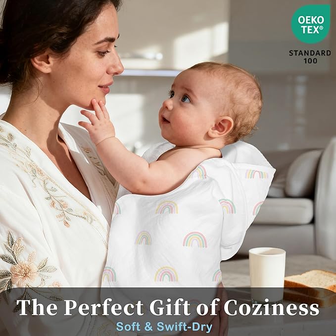 VOOVA & MOVAS 2Pack Hooded Baby Towels - 100% Muslin Cotton,300GSM, 32x32 Inches,0-24Months, Super Absorbent Large Bath Towel with Hood for Newborn,Toddler,Infant, Pink Geometry & Rainbow Patten