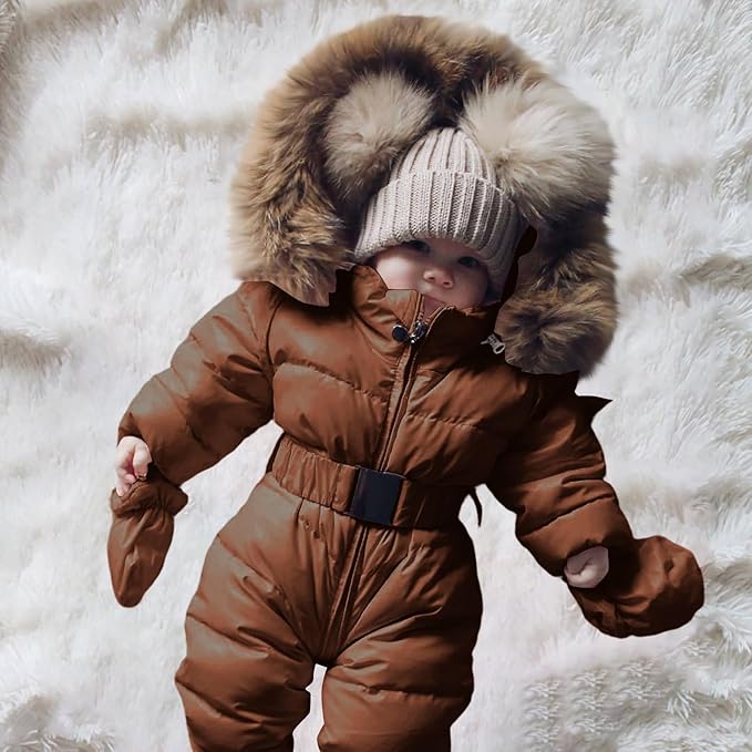Baby Snowsuit Newborn Winter Heavyweight Water-Resistant Thickened Warm Ski Jacket Cozy Outdoor Hooded One Piece Suit