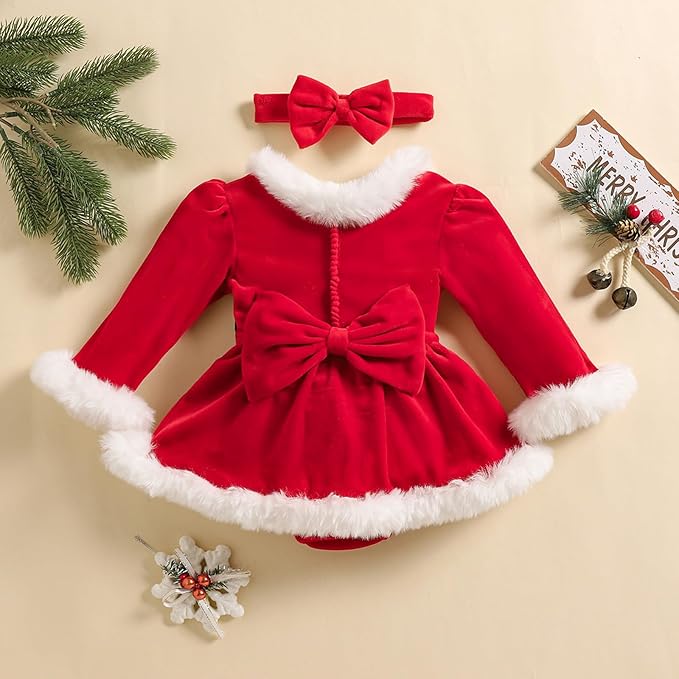 Newborn Christmas Outfit Baby Girl Plaid Romper Dress Infant Ruffle Long Sleeve Ribbed Bodysuit Headband Clothes