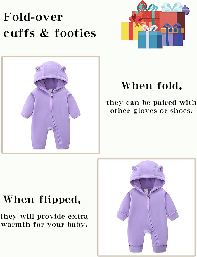 Newborn Baby Bear Onesie Winter Snowsuit With Fold-over Mittens & Footies Zip Up Baby Fleece Jumpsuit 0-18M
