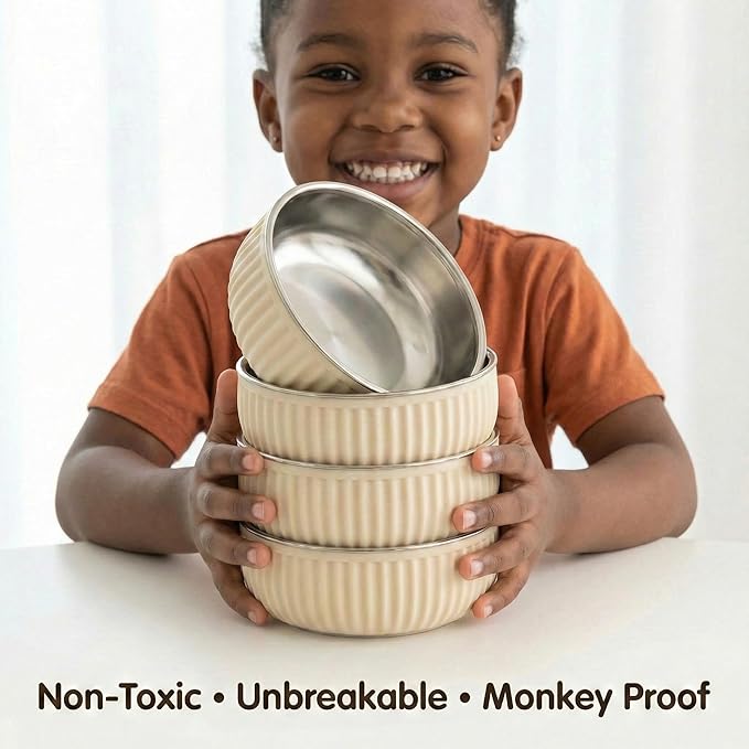 Monkey Proof™ Non-Toxic Stainless Steel Child Bowl 5” with Non-Slip Grooved Silicone Shell, (Set of 4 bowls) Unbreakable, Mess Free Feeding for Babies, Toddlers, Kids, BPA free (Sand Grooved)