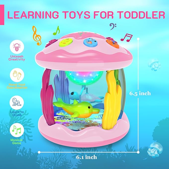 Baby Toys 6-12 Months - Musical Light Up Rotating Toys, Pink Ocean Projector for Infant 9-12-18 Month, Learning Visual & Hearing & Crawling Skill, Birthday Gifts for Toddler Boys Girls 1 2 3 Years Old