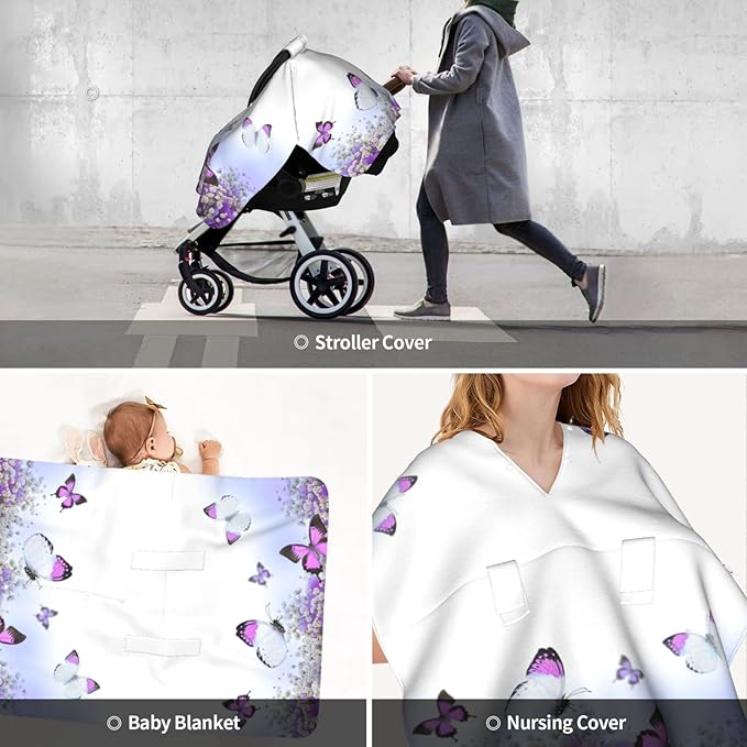 KiuLoam Blue Hydrangeas Flowers and Butterfly Baby Car Seat Canopy, Nursing Cover Breastfeeding Scarf, Stretchy Soft Breathable Infant Carseat Cover for Babies Boys Girls