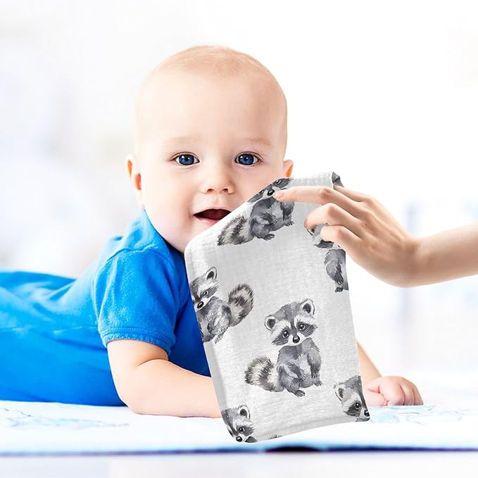 vvfelixl Baby Muslin Washcloths Little Raccoon Baby Burp Cloths Cotton Babys Face Towel for Newborn Infants Boys Girls Soft and Absorbent 11.8 X 11.8 in, 3 Pack