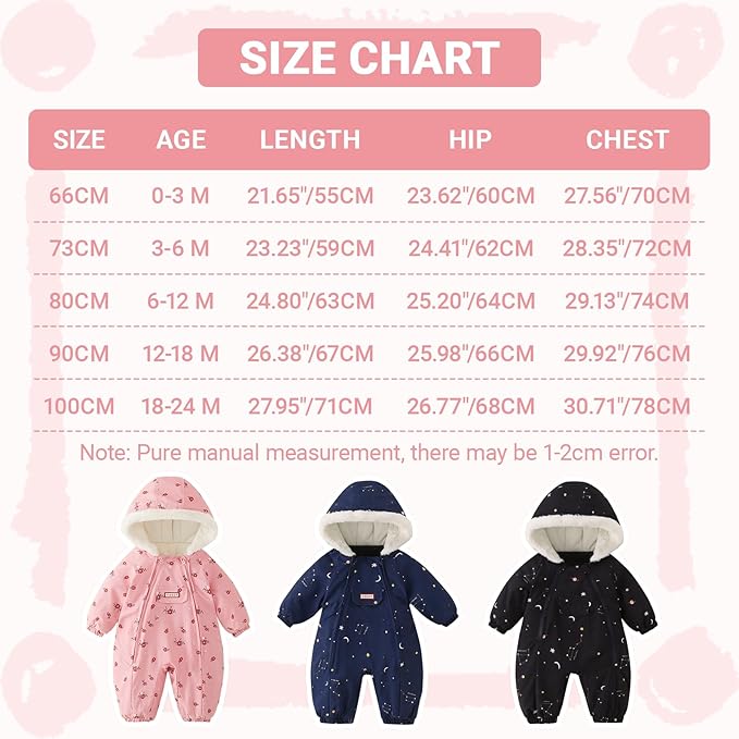 JiAmy Baby Snowsuit Newborn Printed Winter Clothes Outfit Infant Boys Grils Hooded Double Zippers Jumpsuit Onesie Coat