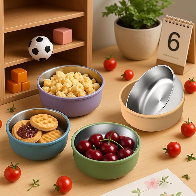 Mity rain Stainless Steel & Silicone Bowls for Baby - 4-Piece Suction Plates & Bowls for Toddlers,Removable Silicone Shell,Non-Slip Baby Food Bowl with Unbreakable Design (Baby Bowls with Suction)