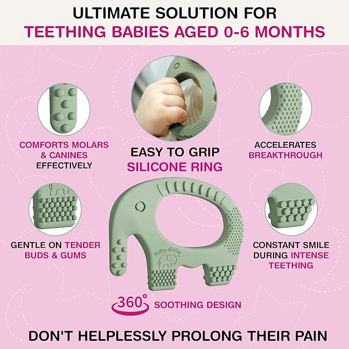 Baby Elefun Baby Teething Toys 5X Pain Relief Zero Delay 0-6 Months, Olive