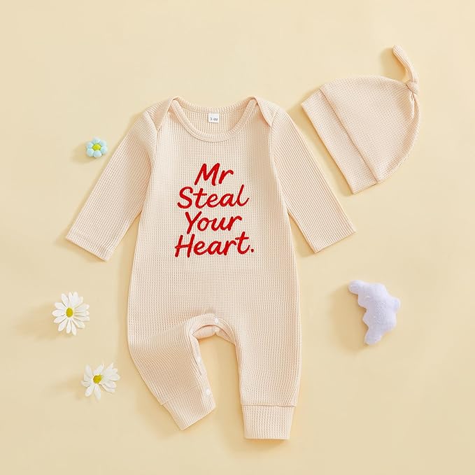 Baby Valentines Outfit Girl Boys Long Sleeve Footie Rib Onesie knot Hat Spring Clothes Newborn Outfits Infant Set