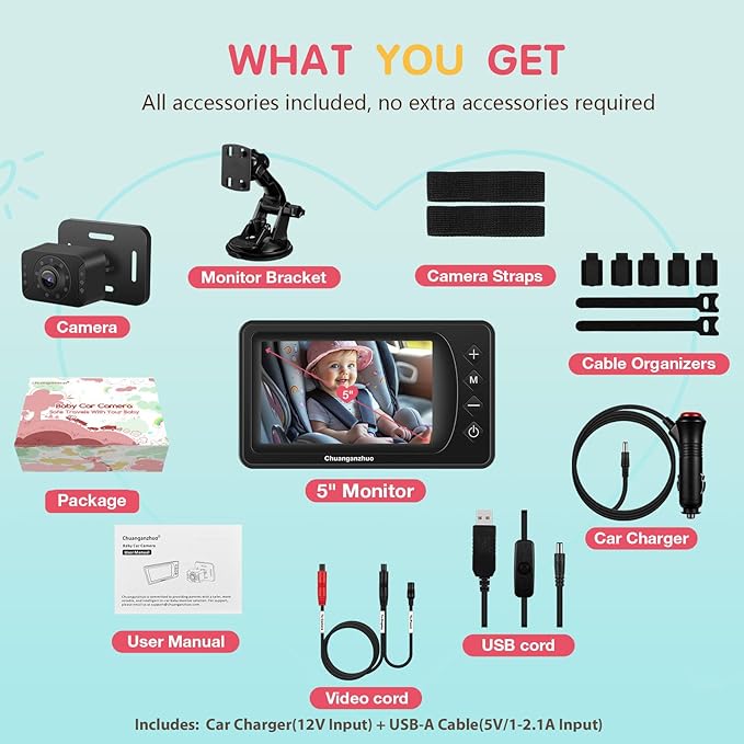 Baby Car Camera USB with No.1 Clarity, 5'' HD 1080P IPS Baby Car Monitor with 3X Zoom, Backseat/Carseat/Rear Seat Camera with Ultra Night Vision, Easy No-Damage Install, S100P(5inch Black)