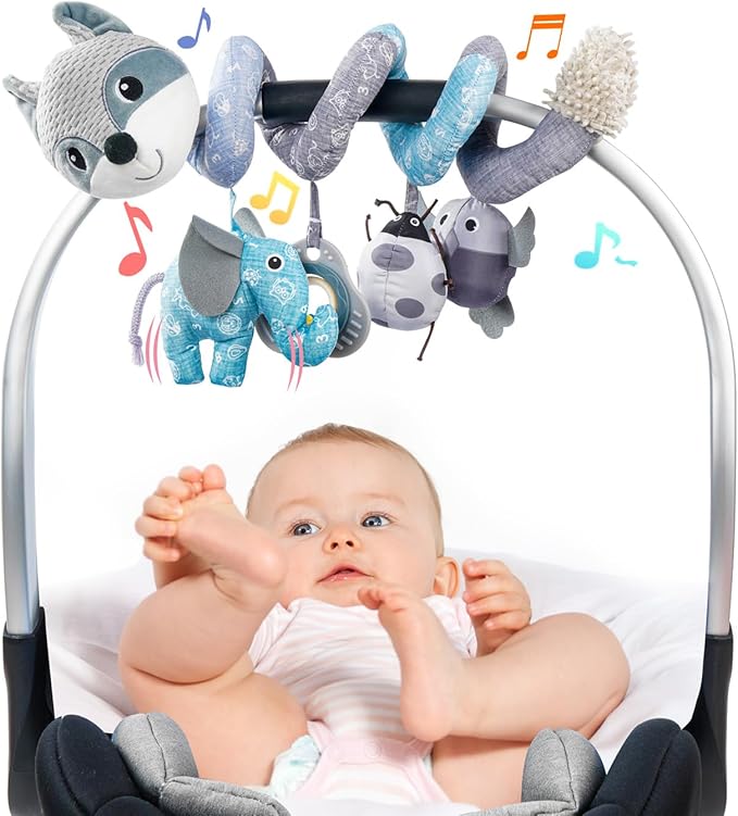 Jollybaby Crib Stroller Car Seat Toys for Baby 0-3-6-9-12 Months, Tummy Time Hanging Sensory Toys for Newborn with Music Box and Teether, Spiral Carseat Toy for Infant Boys Girls Gifts (12-Grey Fox)