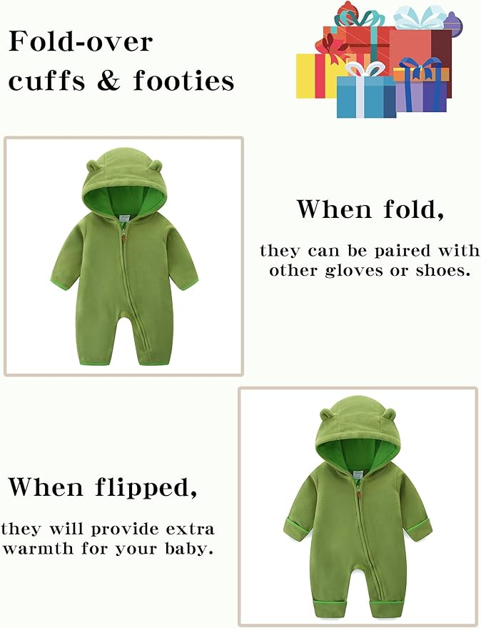 Newborn Baby Bear Onesie Winter Snowsuit With Fold-over Mittens & Footies Zip Up Baby Fleece Jumpsuit 0-18M