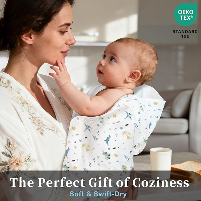 VOOVA & MOVAS 2Pack Baby Hooded Bath Towels - 100% Muslin Cotton,300GSM, 32x32 Inches,0-24Months, Super Absorbent Large Towel with Hood for Newborn,Toddler,Infant, Triangle & Dino Patten