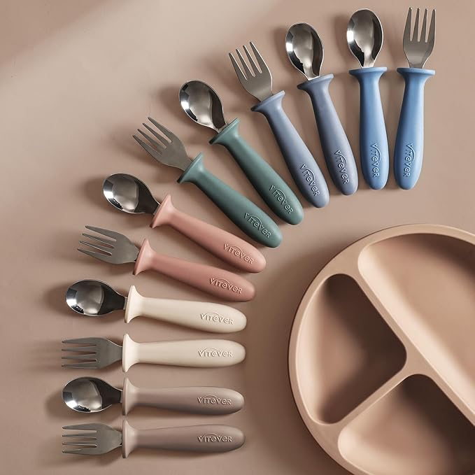 6 Pieces Toddler Utensils, Children Silverware Set with Silicone Handle, Kids Safe Spoons and Forks, Dishwasher Safe, 18/8 Stainless Steel, Food-grade Silicone,BPA Free - Tan