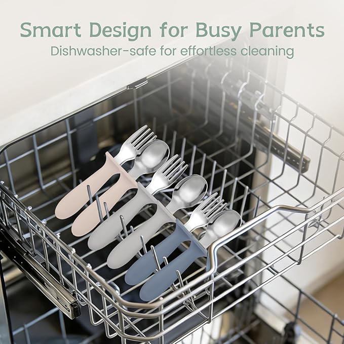 Toddler Forks and Spoons Set, 6 Pack Kids Silverware with Silicone Hand, 18/8 Stainless Steel Children Safe Toddler Utensils, BPA Free, Dishwasher Safe