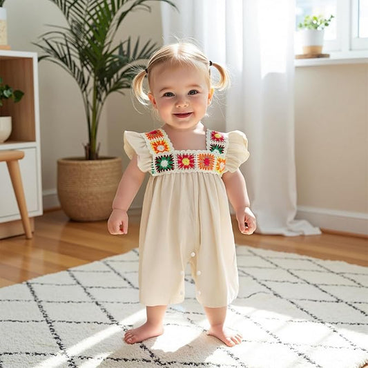 Baby Girl Romper Fall Clothes Ruffle Sleeveless Onesie Crochet Floral Bubble Romper Infant Bodysuit Boho Outfit