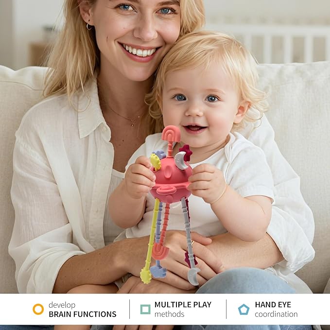 Silicone Baby Sensory Montessori Toys & Pull String Teething Toys for 6-12-18 Months, Toddler Birthday Gift Car Seat Airplane Travel Toy for 1 2 Year Old Boy Girl Infant 8 9 10 Months Old (Red)