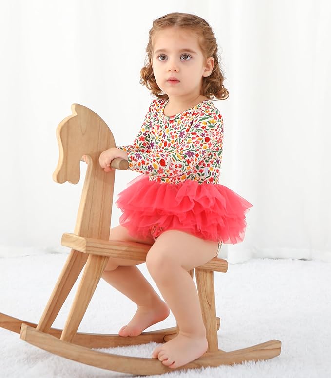 Baby Girl Bodysuit Dress- Viscose Made from Bamboo, Long Sleeve Flutter Skater Dress with Bodysuit Infant Outfit