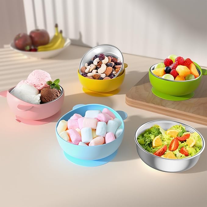 Stainless Steel Baby Bowls with Suction, 2-in-1 SUS304 Toddlers Bowl & Removable Silicone Suction Kids Bowl, Anti Scald Non Toxic Snack Container for Baby Food Feeding, 4 Colors Set