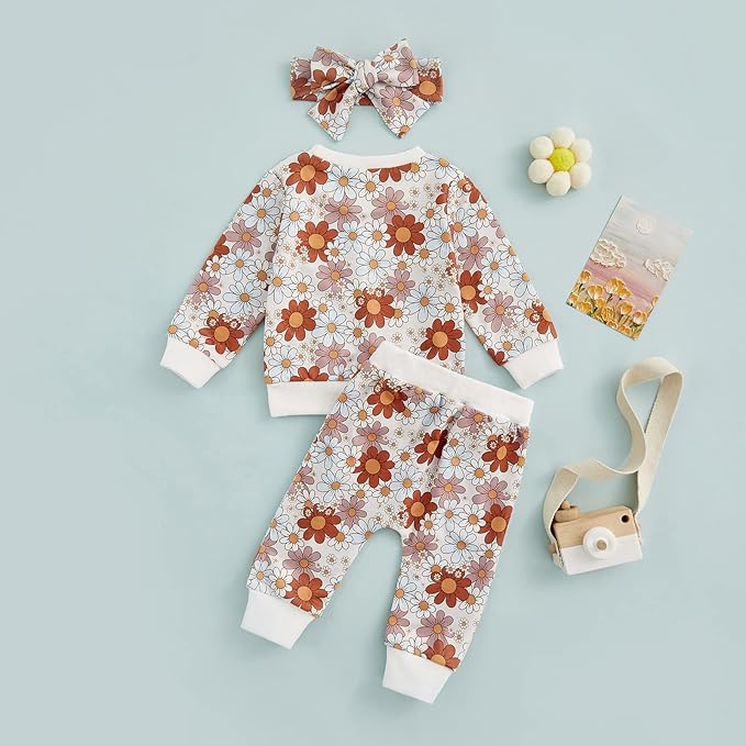 3Pcs Baby Girl Outfits Daisy Sweatshirt + Pants + Headband Infant Fall Winter Clothes