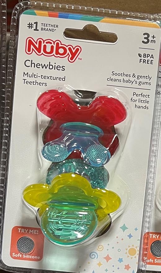 Nuby Chewbies Silicone Teether (Yellow/Aqua, Red/Aqua, 2 Count)