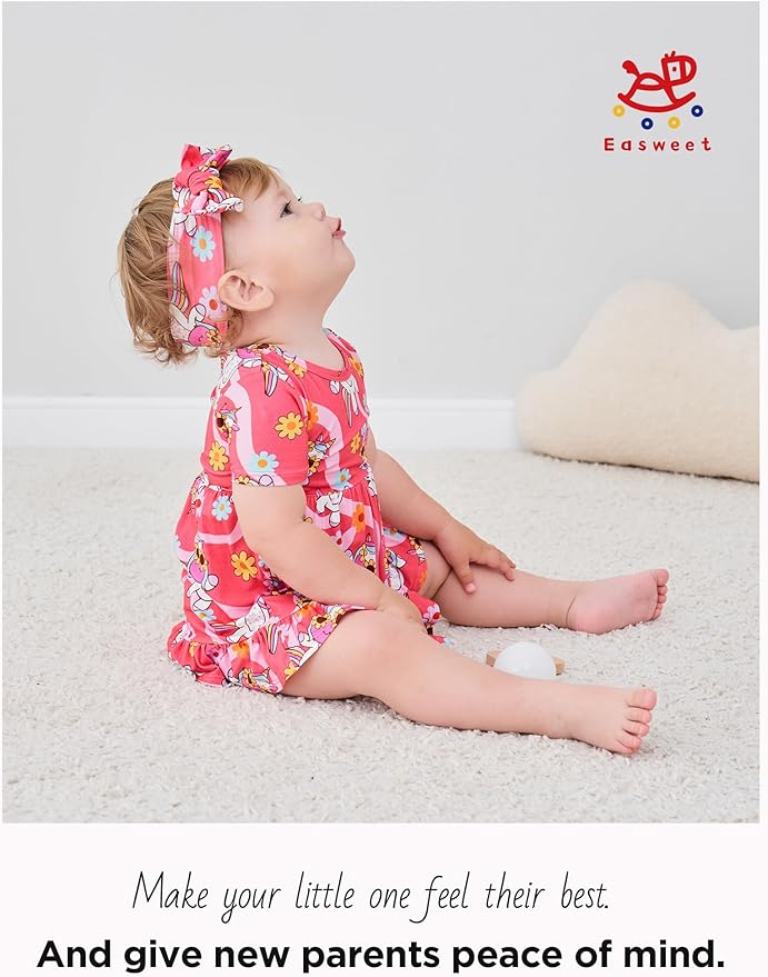 Infant Baby Girl Bodysuit Dress with Hairband Set, Bamboo Viscose Summer Clothes Outfit