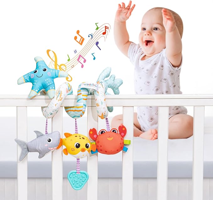 Jollybaby Crib Stroller Car Seat Toys for Baby 0-3-6-9-12 Months, Tummy Time Hanging Sensory Toys for Newborn with Music Box and Teether, Spiral Carseat Toy for Infant Boys Girls Gifts (Blue)