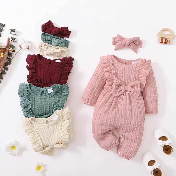 Happy Town Baby Girl Romper Infant Fall Winter Clothes Ruffle Sweater Long Sleeve Bodysuit Jumpsuit and Headband