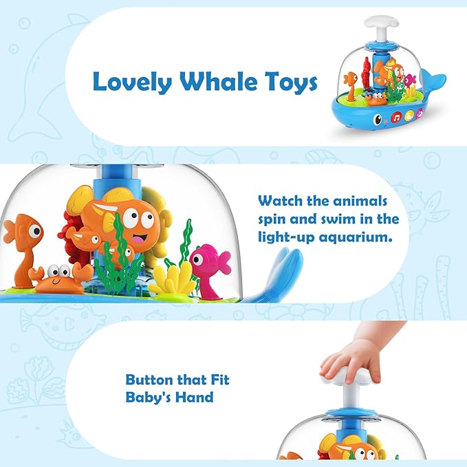 DUPHLAGT Baby Toys 6-12 Months - Toys for 1 Year Old Boy Girl Birthday Gift Press & Spin Aquarium Musical Light Up Infant Toys 12-18 Months - Bilingual Learning Toy for 1 2 Year Old (Blue)