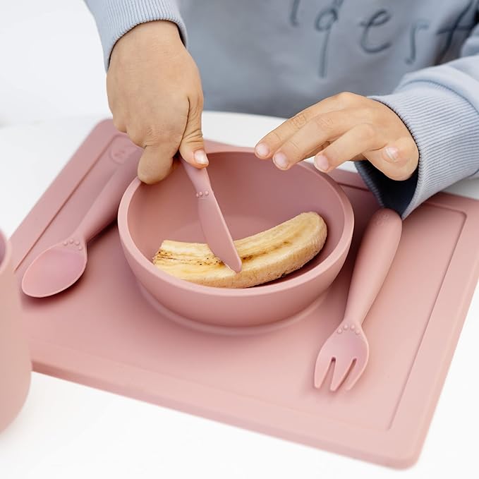 ezpz Happy Utensils (Blush) - 24 Months+ - BPA Free Toddler Utensils - Fork, Spoon and Knife for Toddlers and Preschoolers - Kids for Self-Feeding Development