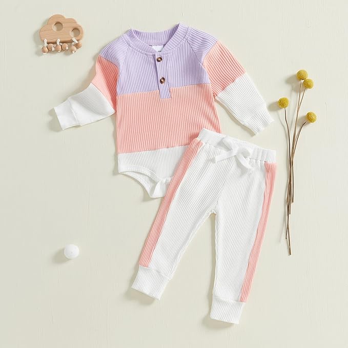 Thorn Tree Newborn Infant Baby Girl Clothes Ribbed Knitted Long Sleeve Romper Long Pants Stretchy Fall Outfits