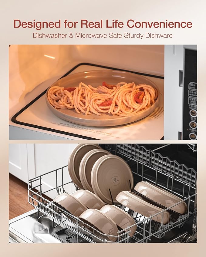 Famiware Milkyway Stoneware Dinnerware Sets with Pasta Bowls, Service for 6 (24 Pieces), Plates and Bowls Sets -Scratch Resistant, Microwave and Dishwasher Safe Dishes Set, Cinnamon Brown