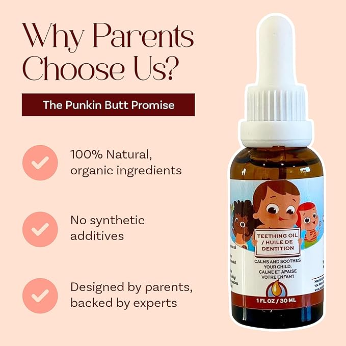 Punkin Butt - Natural Herbal Teething Oil for Babies - Daily Use Soothing Relief Drops | Baby, Infant, Toddler Gum & Tooth Relief | Organic Chamomile, Clove & Peppermint Infusion - 1oz with Dropper