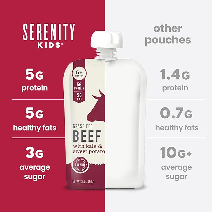 Serenity Kids 6+ Months Baby Food Pouches Puree Made With Ethically Sourced Meats & Organic Veggies | 3.5 Ounce BPA-Free Pouch | Grass Fed Beef, Kale, Sweet Potato | 1 Count