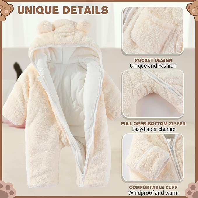 Newborn Baby Bear Outfit With Fold-Over Mittens and Footies Girls Boys Winter Fleece Clothes Hooded Romper Snowsuit