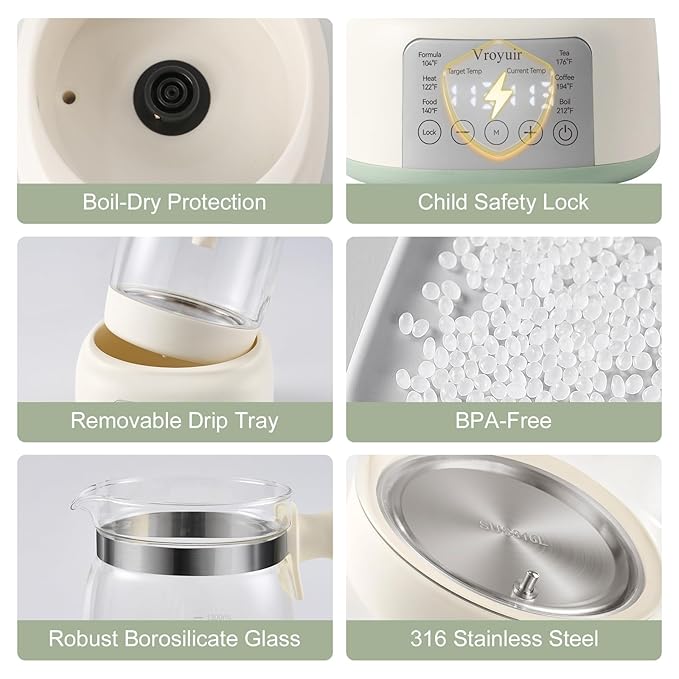 Instant Baby Water Warmer and Formula Dispenser, 1.5L Detachable Glass Tank with 6-Temp Settings, 72H Keep-Warm & Night Light, Universal for All Baby Bottles