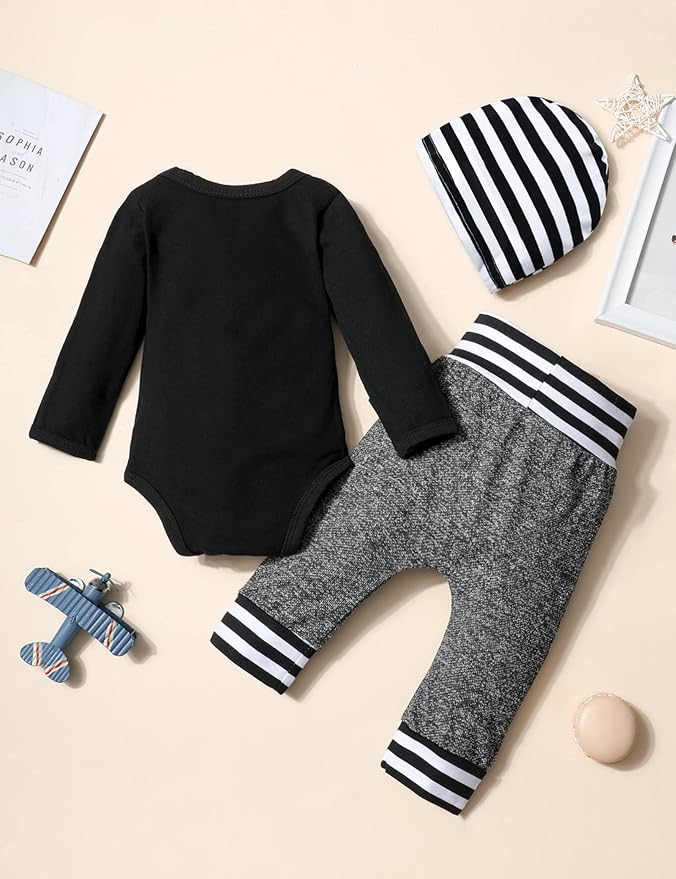 Fommy Newborn Baby Boy Clothes New to The Crew Letter Print Romper+ Pants+Hat 3PCS Outfit