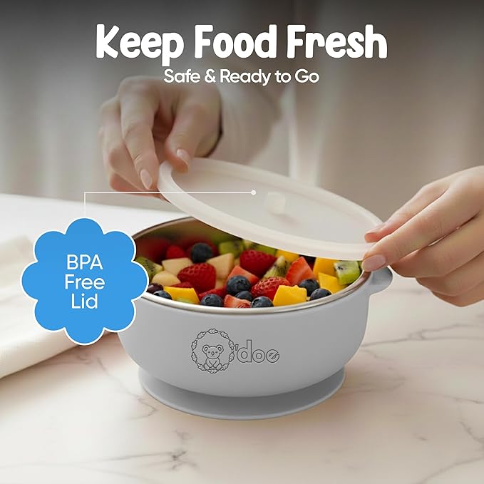 o'doe Baby Bowls with Lids โ Stainless Steel Baby Feeding Bowls with Suction | Non-Slip Toddler Bowls for Self Feeding | BPA-Free Kids Bowls for Babys Food & Snacks | Stainless Steel Bowls Kids